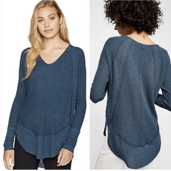 Free People We The Free Waffle Knit Navy Tunic Long Sleeve Top, size Large - Picture 1 of 9